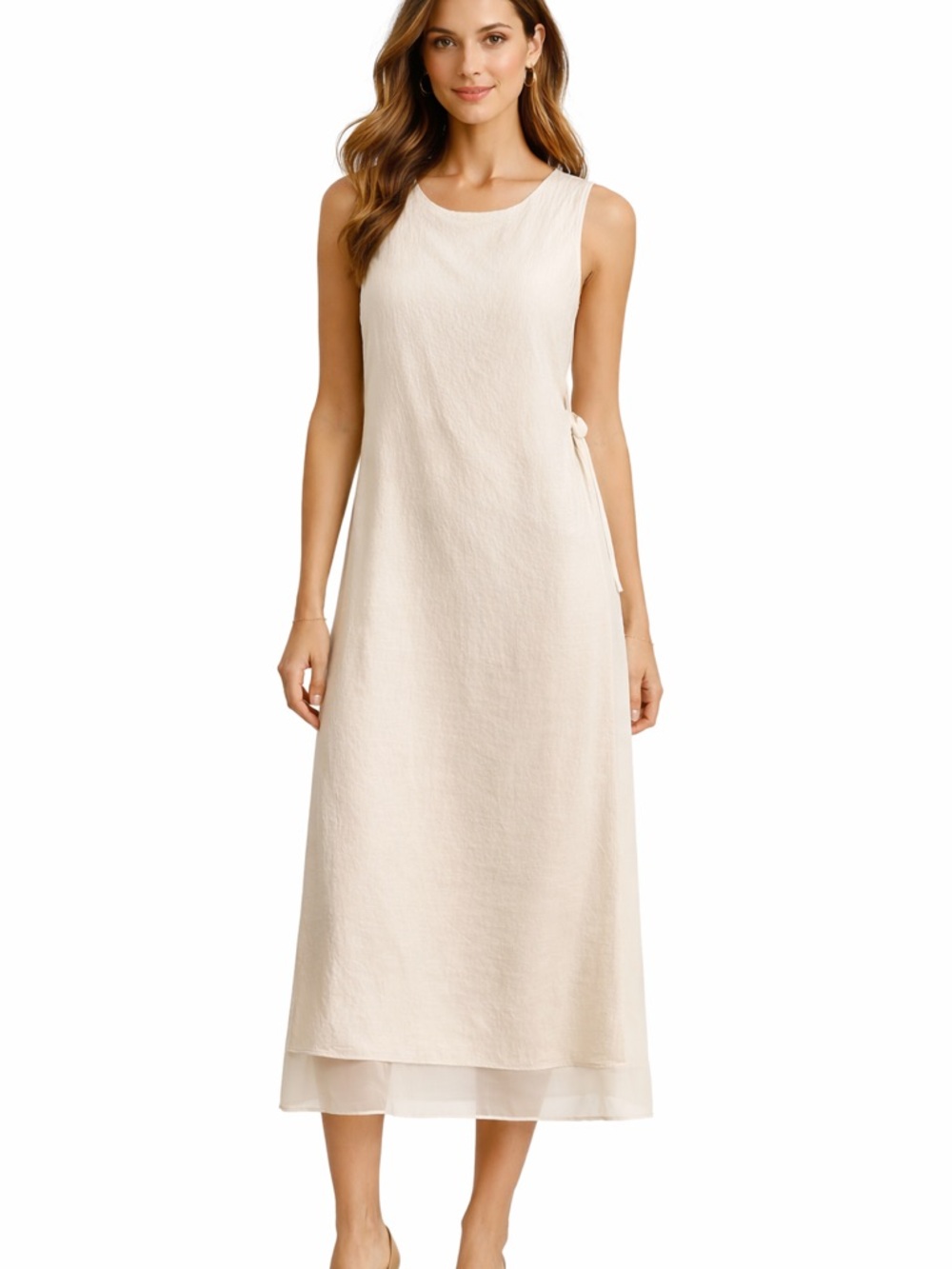 Doe‎ & Rae Ivory Midi Dress Sleeveless Sheer Hem Minimalist Shift Small